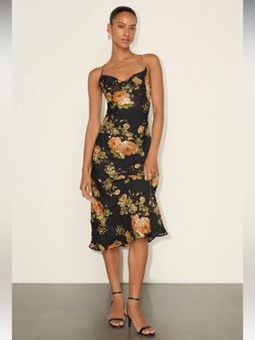 Nwt Lulus Petal Prowess Black Floral Print Lace Up Cowl MIDI Dress XS